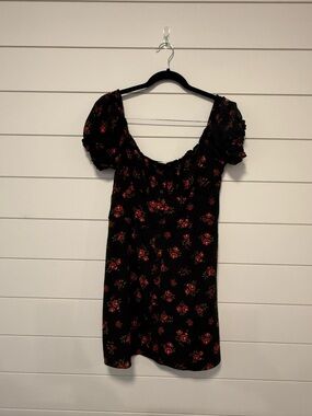 Row A Black Red Floral Puff-Sleeve Mini Dress Button Front L